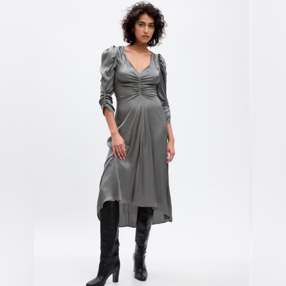 GAP NWT Women's Ruched Satin Midi Dress - New Shadow Grey - Picture 1 of 6